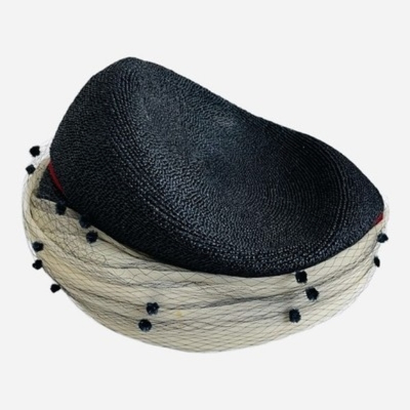 Vintage 50s 60s Dark Blue Straw Whimsy Pillbox Hat Polka Dot Net Veil Red Bow VG main image 6